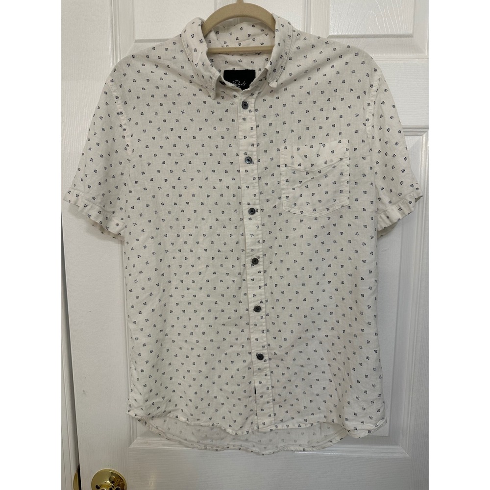Rails Mens Medium White Navy Clover Print Linen Blend Short Sleeve Button Down